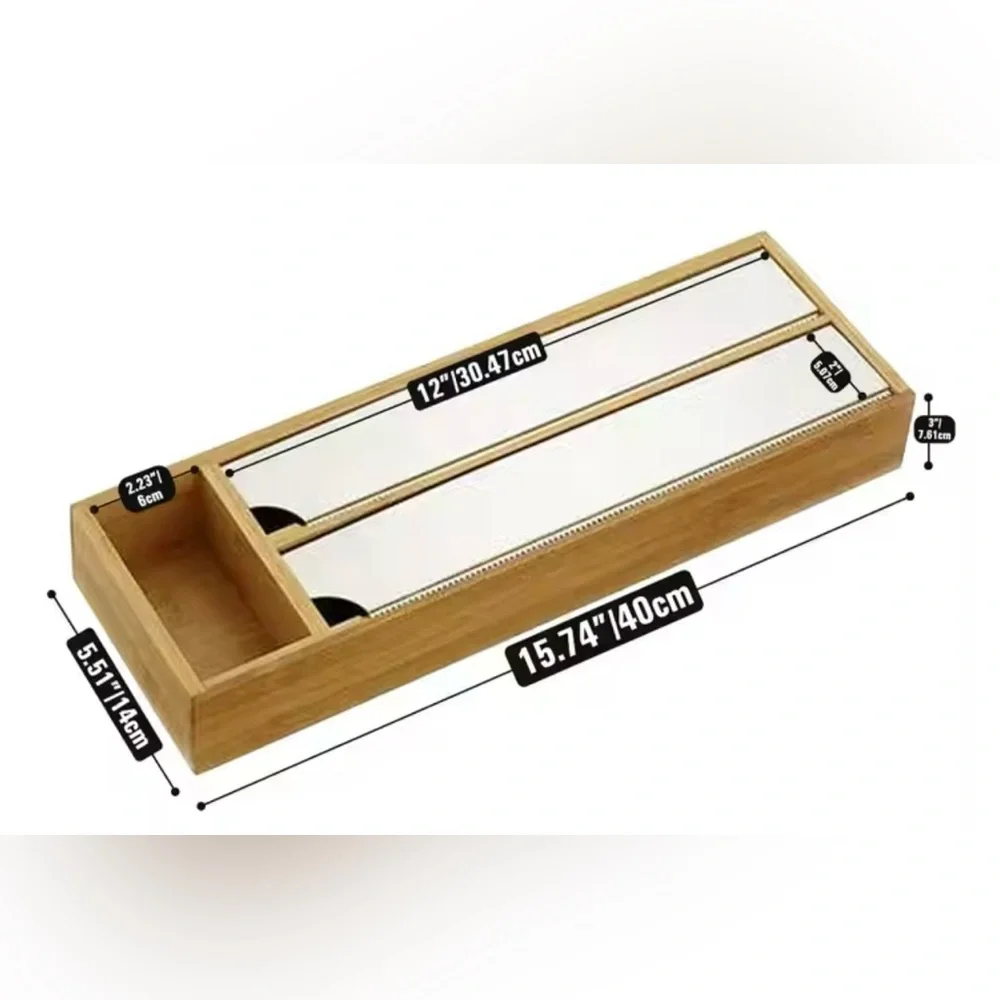 Plastic Wrap & Foil wrap Dispenser Bamboo Cling Film Storage Box With Cutter